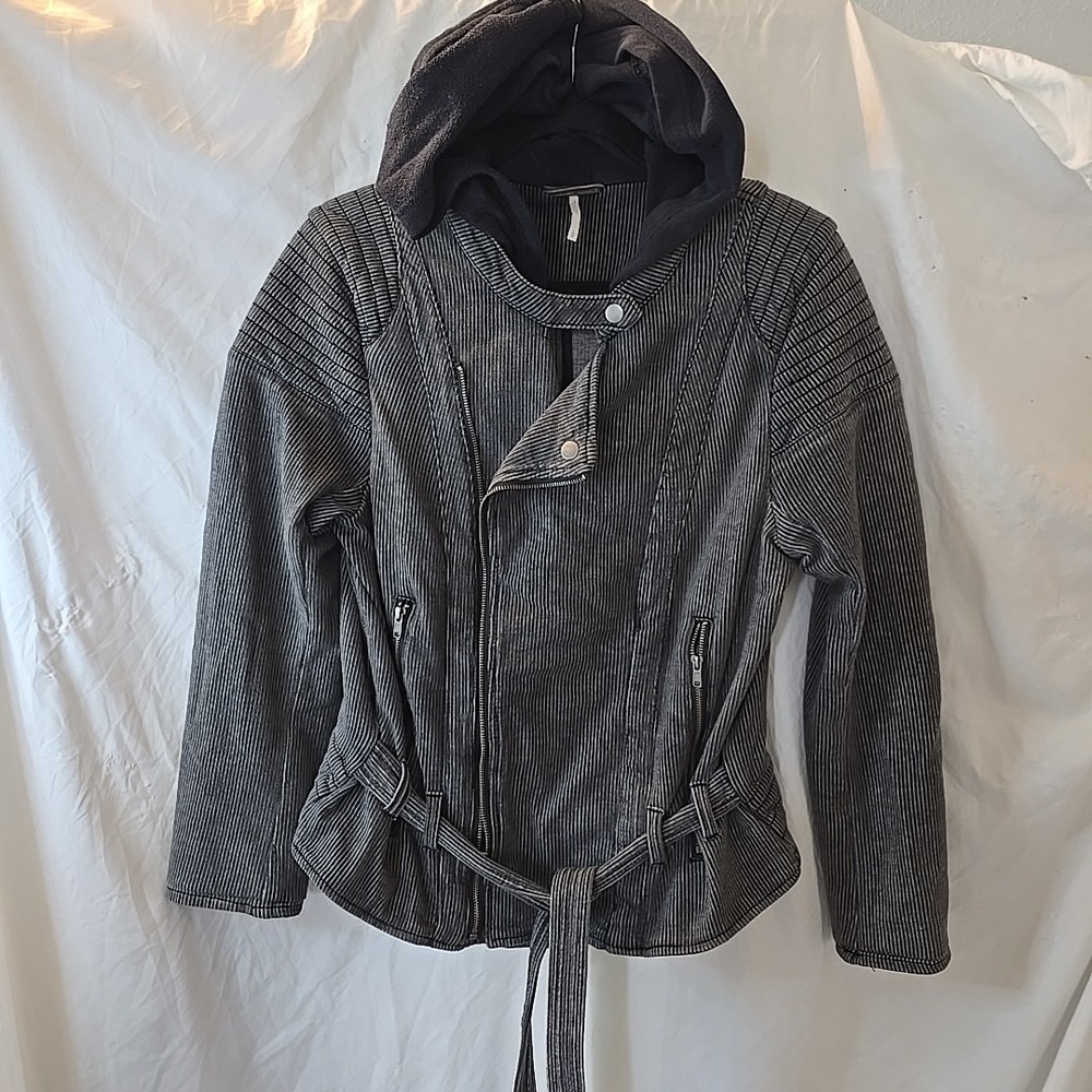 Free‎ People Pin-striped Knit Asymmetrical Zip Hooded Moto Bomber Jacket Punk L
